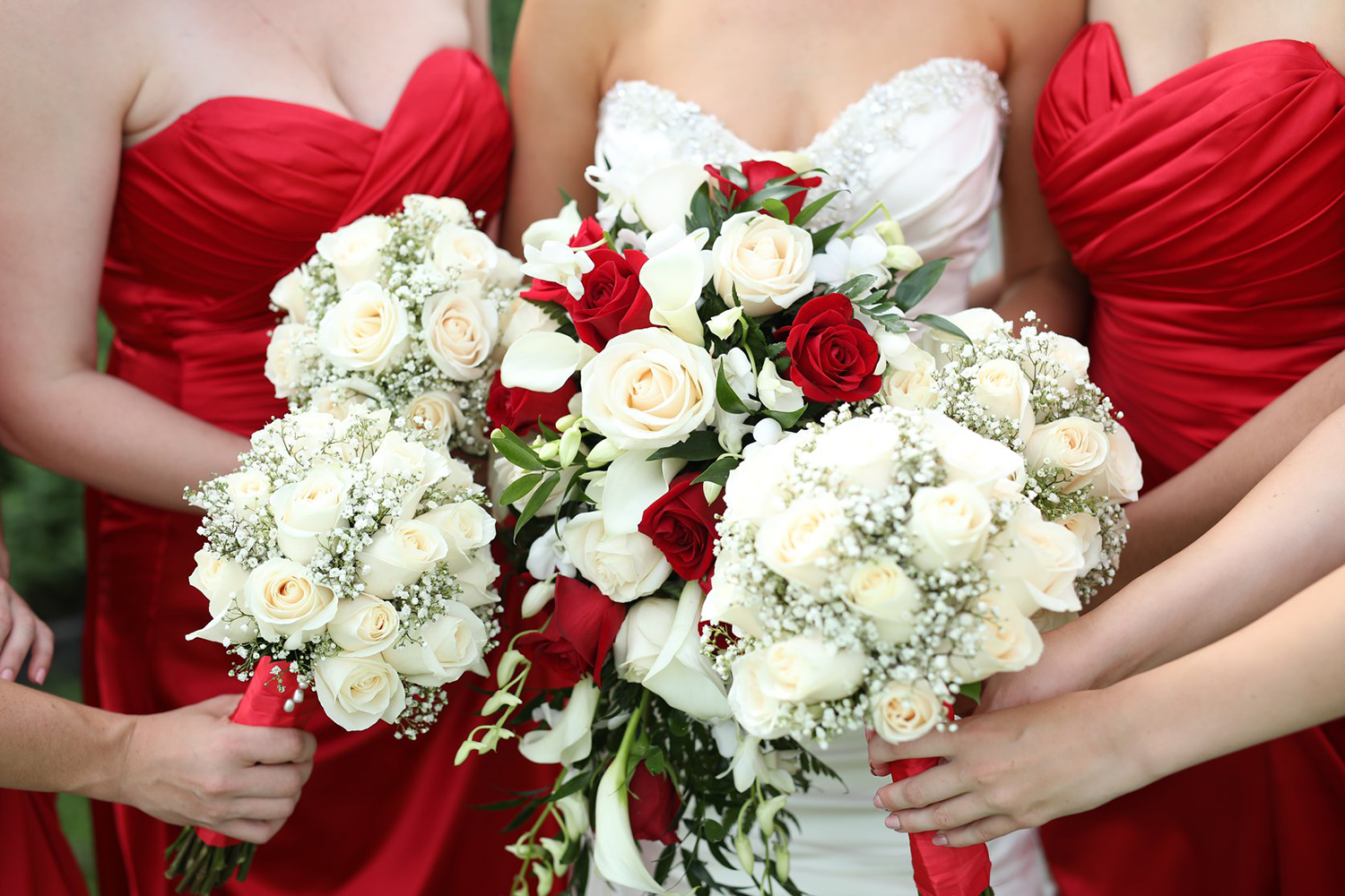 A bride and her bridesmaids are holding bouquets of red and white flowers.