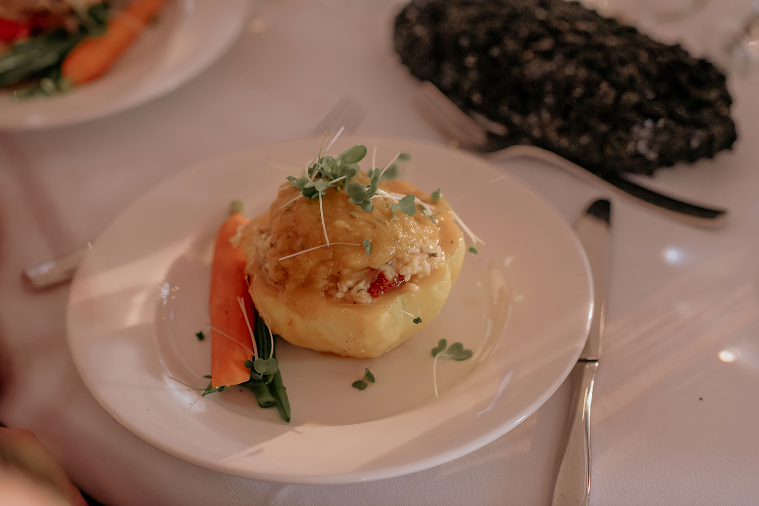 A close up of a plate of food on a table.