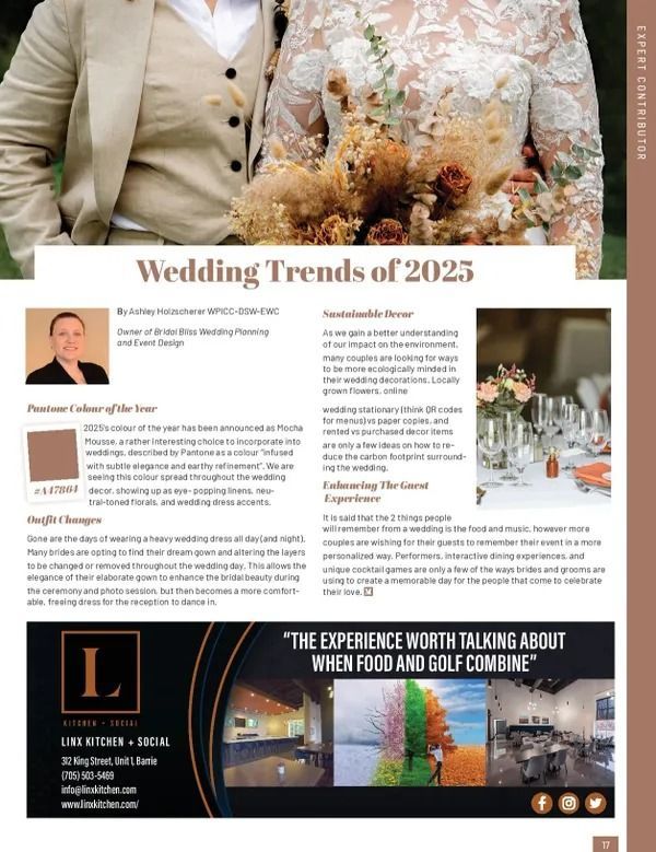 A bride and groom are standing next to each other on a page of a magazine.