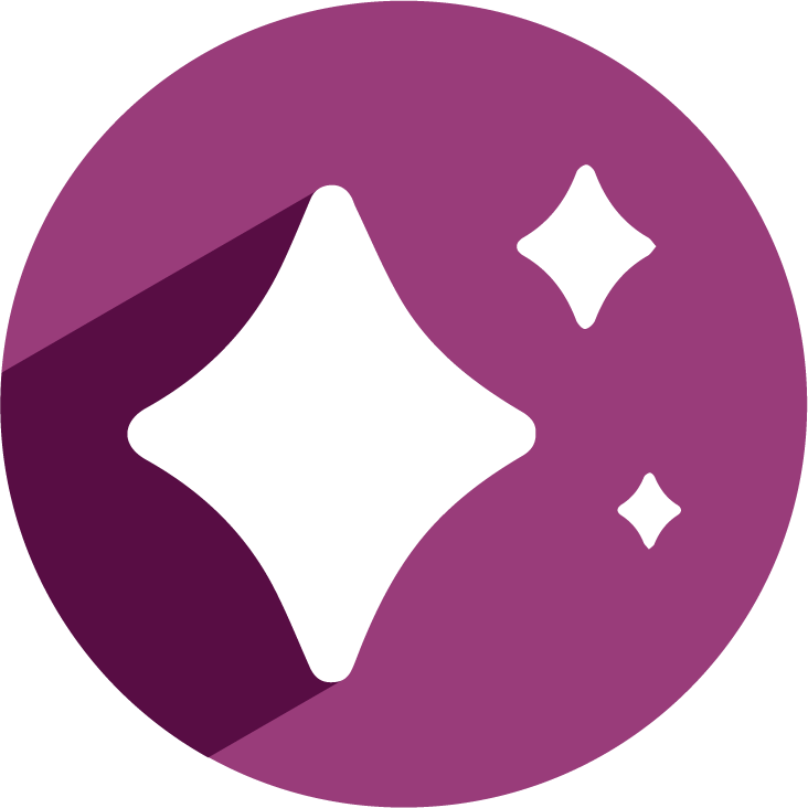 White sparkles icon on a purple circle with shadow.
