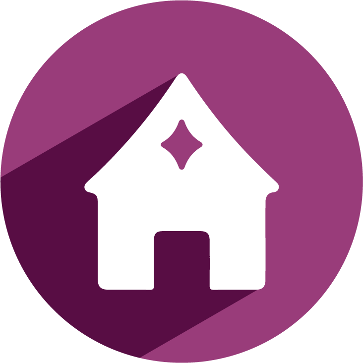 White house icon with a diamond-shaped sparkle on a purple circle. Long shadow.