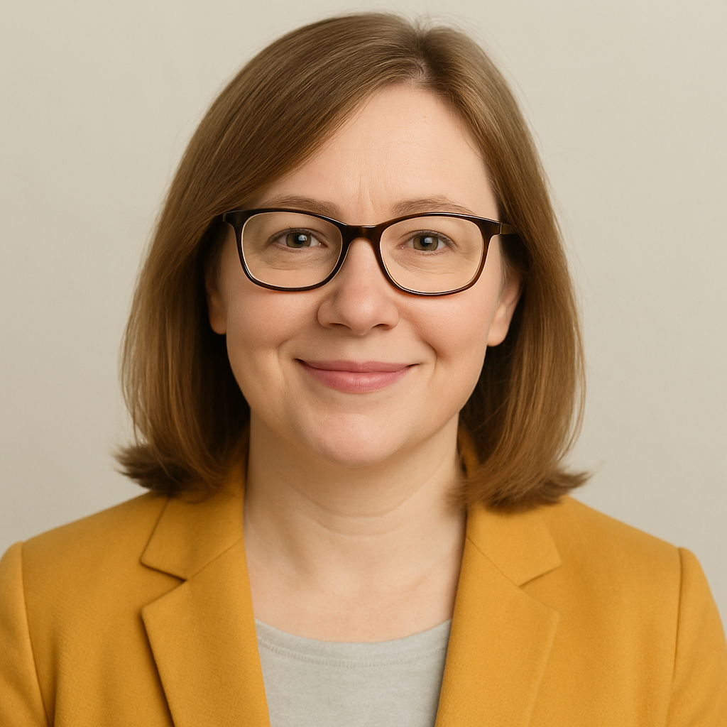 Woman with glasses, wearing a yellow blazer and gray shirt, smiles.