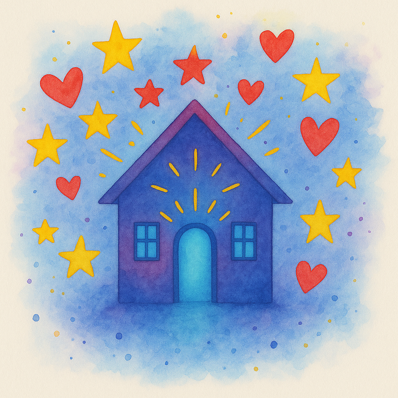 Blue house with glowing door and windows surrounded by yellow stars and red hearts.