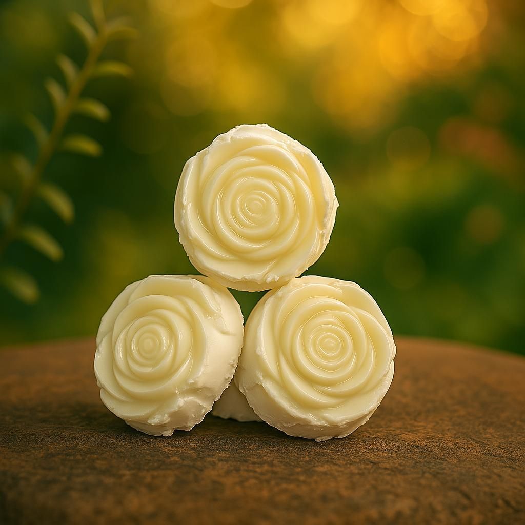 Three white roses are stacked on top of each other on a table.