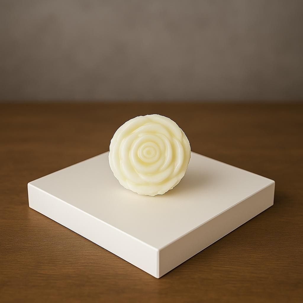 Three white roses are stacked on top of each other on a white block.