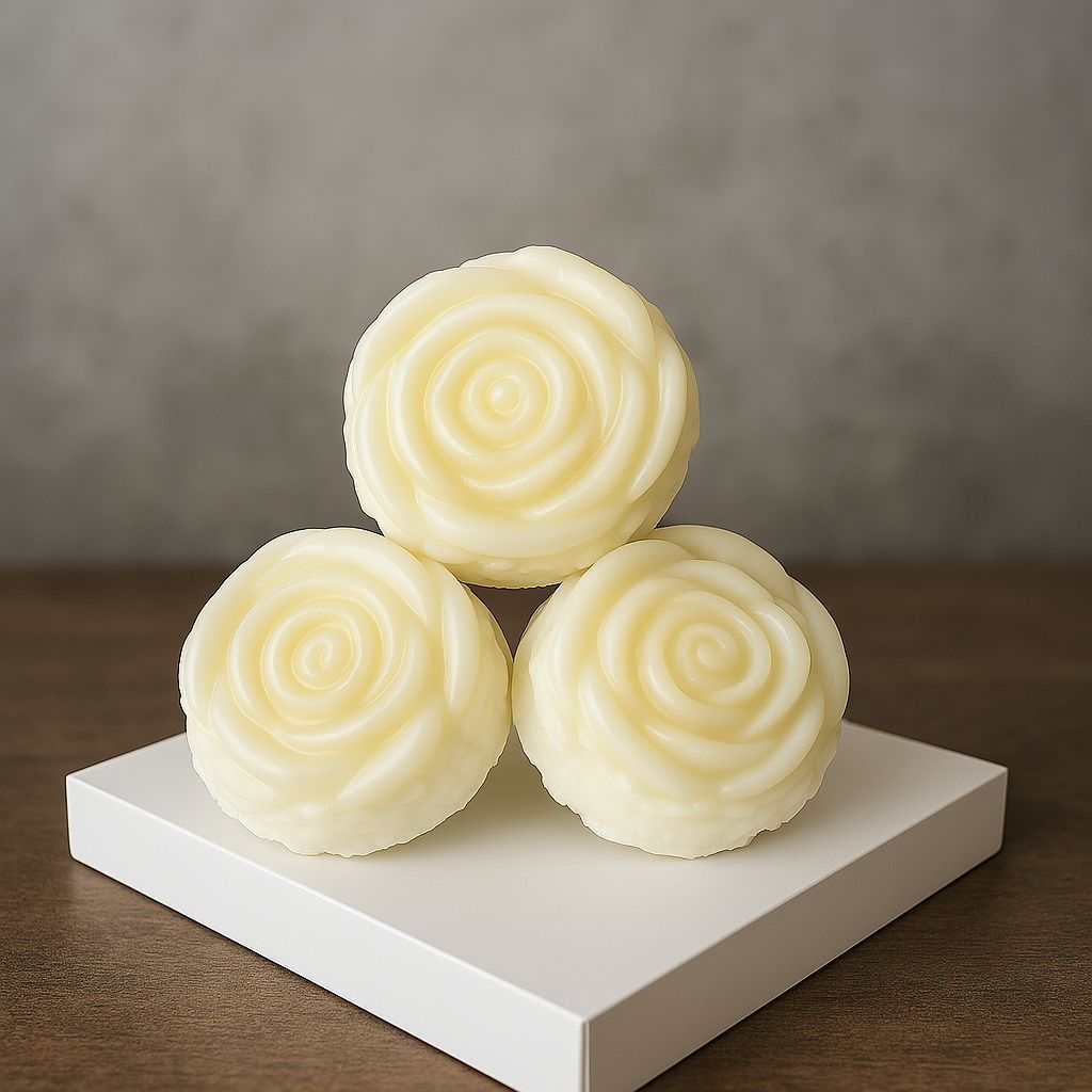 Three white roses are stacked on top of each other on a white block.
