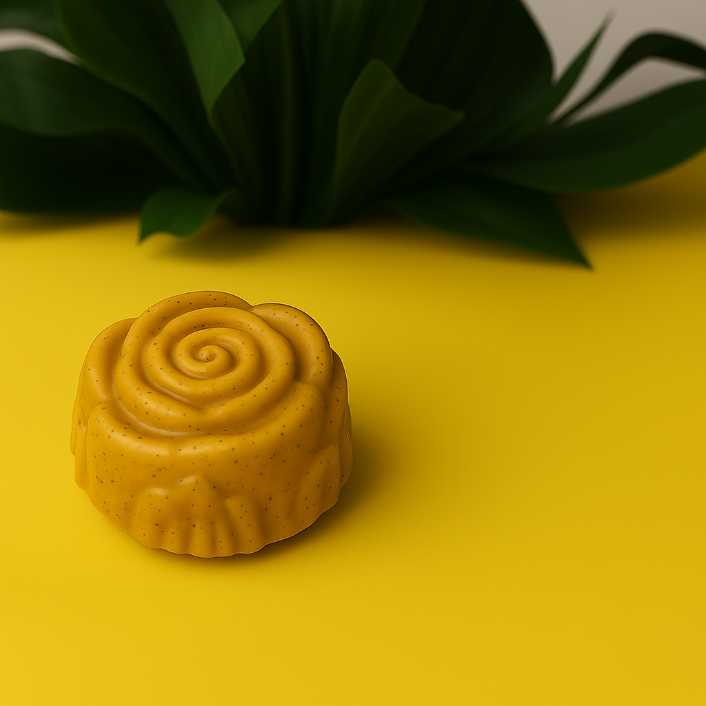 A yellow soap bar in the shape of a rose is sitting on a yellow surface.