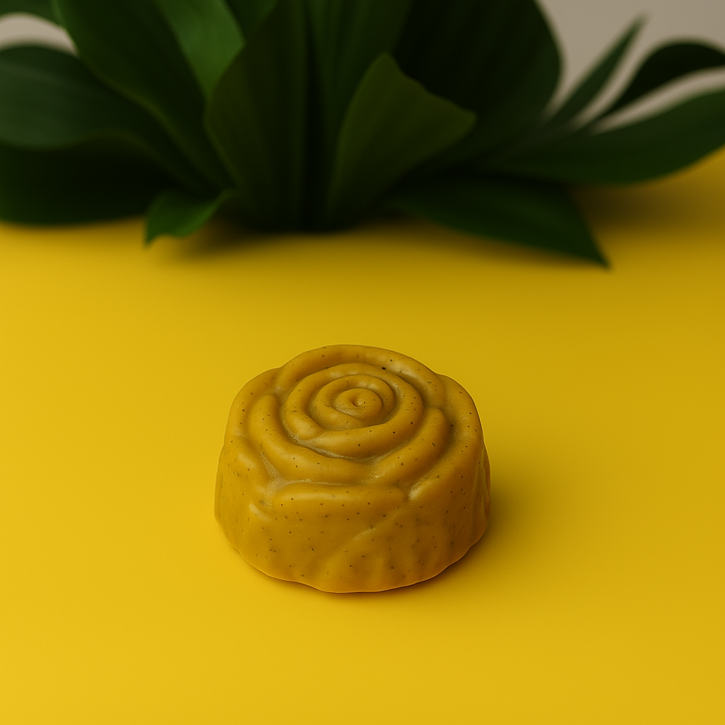 A yellow soap bar in the shape of a rose is sitting on a yellow surface.