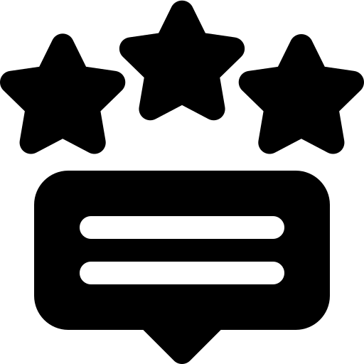 Three stars above a speech bubble with two lines, indicating a good review.