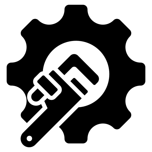 Black gear and wrench icon, representing settings or maintenance.