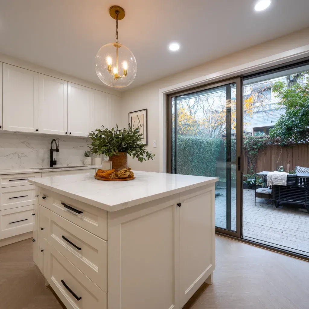 Contemporary kitchen renovation Vancouver BC showcasing custom cabinets, stone backsplash, hardwood floors, and integrated appliance installation.
Vancouver kitchen remodeling experts completing marble countertop replacement, pantry storage construction, and modern kitchen layout redesign.
High-quality Vancouver kitchen renovation with quartz island seating area, tile flooring installation, and professional contractor craftsmanship.
Open layout kitchen remodeling Vancouver BC featuring structural beam reinforcement, cabinet replacement, and premium countertop upgrade.