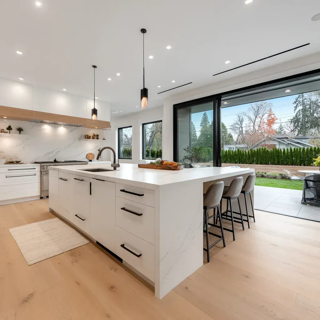 Full-service kitchen renovation Vancouver including demolition, cabinetry replacement, quartz surfaces, tile backsplash installation, plumbing upgrades, and electrical modernization.
Residential kitchen remodeling Vancouver BC with custom pantry installation, granite island feature, pendant lighting, and modern kitchen layout optimization.
Vancouver kitchen renovation project highlighting custom cabinetry, marble countertops, tile flooring installation, and open-concept transformation.