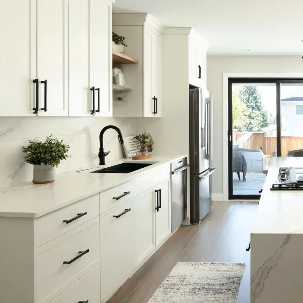 Contemporary kitchen renovation Vancouver with marble countertop upgrade, custom storage cabinetry, and backsplash tile installation.
Vancouver kitchen remodeling services including quartz slab installation, tile backsplash design, flooring upgrade, and full renovation management.
Modern Vancouver kitchen renovation with open-concept layout, structural wall removal, granite island extension, and LED lighting system.