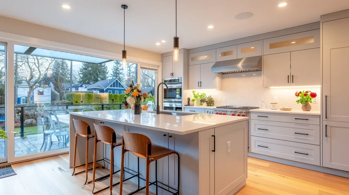 Residential kitchen renovation Vancouver BC with custom pantry cabinetry, granite countertops, tile flooring installation, and complete kitchen layout optimization.
High-end Vancouver kitchen remodeling project featuring marble slab countertops, hardwood flooring refinishing, and premium finish renovation craftsmanship.
Vancouver kitchen remodel transformation with custom island construction, quartz slab installation, backsplash tile enhancement, and open-concept layout expansion.
Full-service kitchen renovation Vancouver BC including demolition, cabinet replacement, quartz countertops, backsplash installation, and modern lighting upgrades.
Modern Vancouver kitchen renovation highlighting custom cabinetry, granite island extension, LED under-cabinet lighting, and contemporary kitchen design execution.
Professional kitchen remodeling Vancouver featuring marble backsplash installation, quartz countertops, hardwood flooring, and integrated appliance systems.