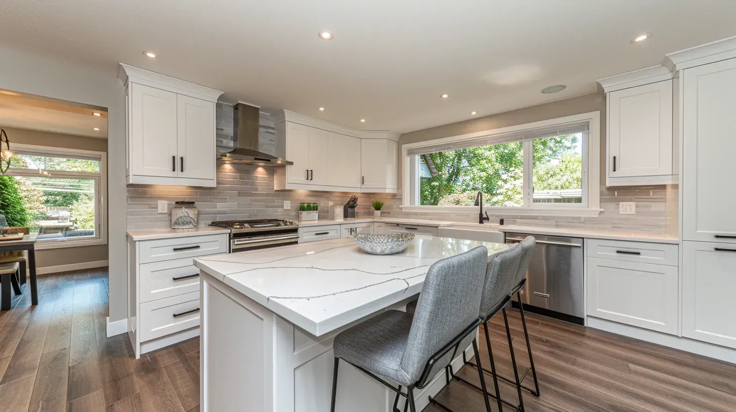 Vancouver BC kitchen remodel transformation including island extension, cabinet replacement, quartz slab installation, hardwood refinishing, and professional kitchen renovation management.
Contemporary kitchen remodeling Vancouver showcasing granite countertops, soft-close cabinet drawers, glass backsplash installation, recessed lighting upgrade, and open-concept design execution.
Vancouver kitchen renovation featuring energy-efficient appliances, eco-friendly cabinetry materials, quartz countertop surfaces, tile flooring installation, and full kitchen remodeling services.
Custom kitchen design and renovation Vancouver BC displaying modern cabinetry, waterfall island feature, integrated lighting upgrades, hardwood floors, and professional design-build kitchen remodeling.