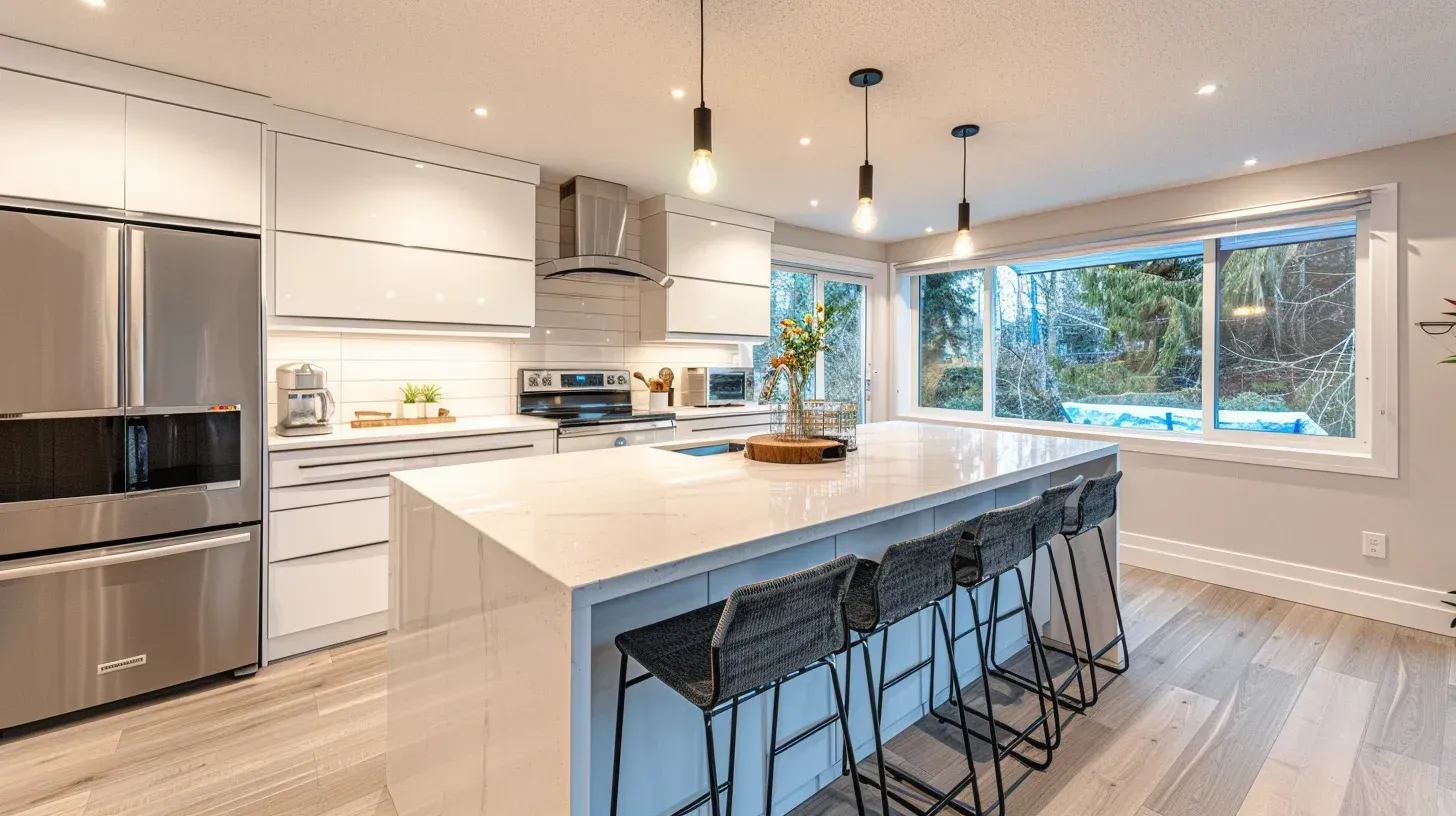 Residential kitchen renovation Vancouver BC featuring shaker cabinets, engineered hardwood flooring, quartz waterfall island, LED under-cabinet lighting, and complete remodeling services.
Vancouver kitchen renovation with integrated smart kitchen technology, touchless faucet installation, custom cabinetry storage solutions, tile backsplash, and luxury countertop finishes.
Professional kitchen remodeling Vancouver BC including appliance installation, sink and faucet upgrades, custom cabinet hardware, tile flooring, and modern kitchen redesign.
Open-concept kitchen renovation Vancouver with dining area expansion, structural framing reinforcement, quartz countertop replacement, and contemporary kitchen remodeling craftsmanship.