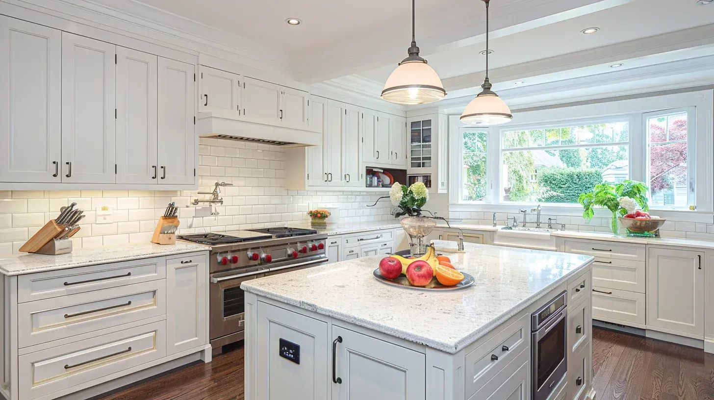 Vancouver kitchen remodeling services including quartz and granite countertop installation, cabinet hardware upgrades, tile backsplash design, and hardwood flooring replacement.
Kitchen island installation in Vancouver BC as part of full kitchen renovation with waterfall countertop, seating area, storage cabinetry, and open-concept kitchen remodeling.
Vancouver kitchen renovation with custom cabinetry, soft-close drawers, stone backsplash, integrated lighting system, and professional kitchen design-build contractors.