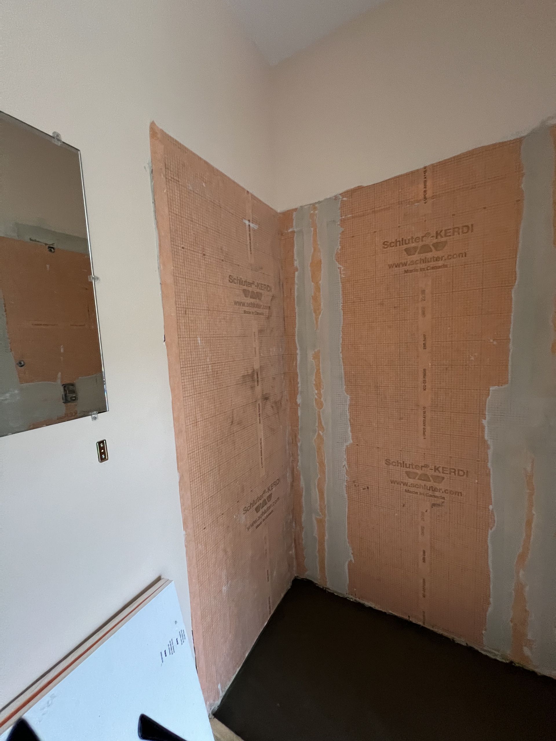 A corner of a room with a mirror on the wall.