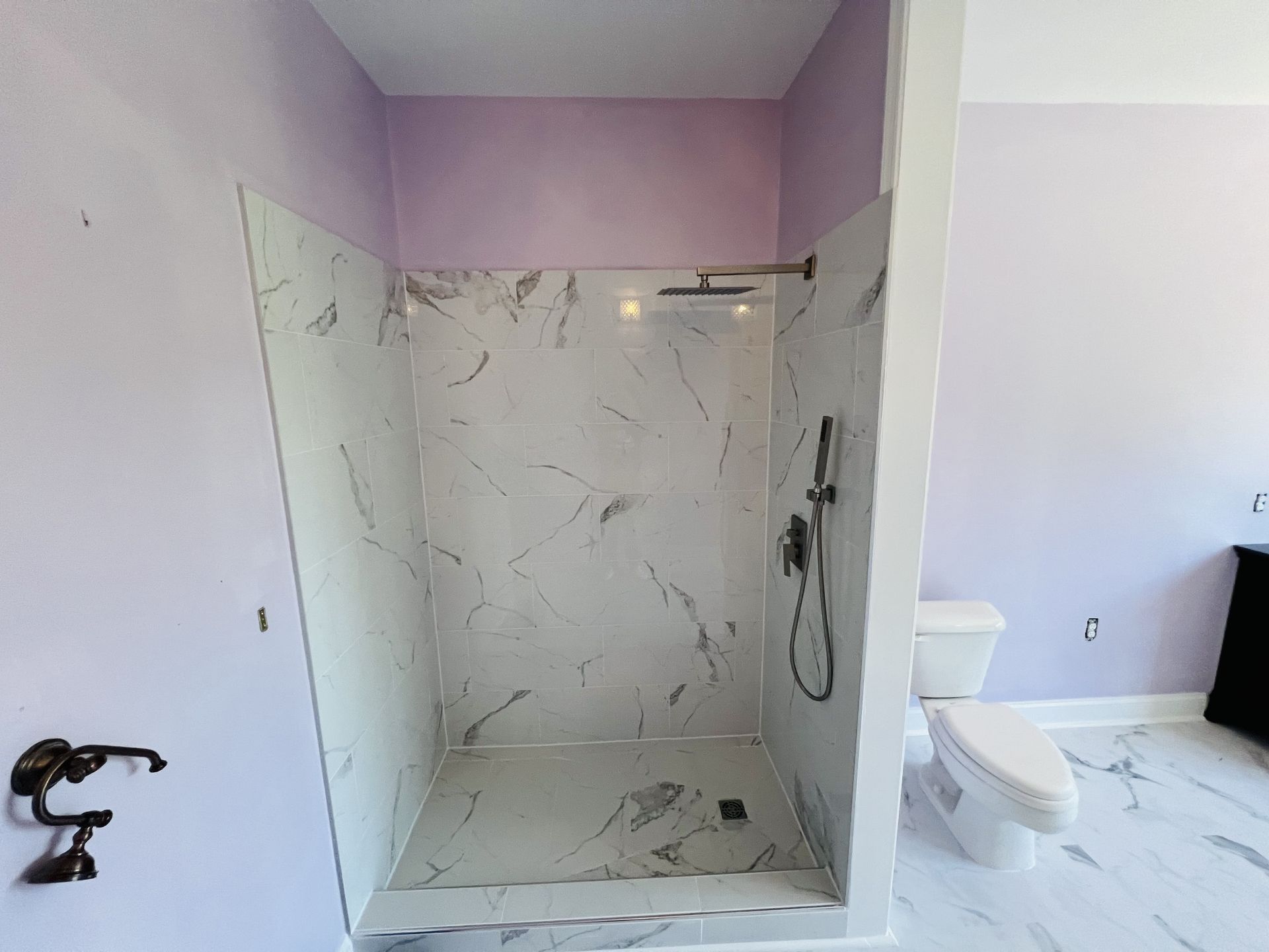 A bathroom with a walk in shower and a toilet.