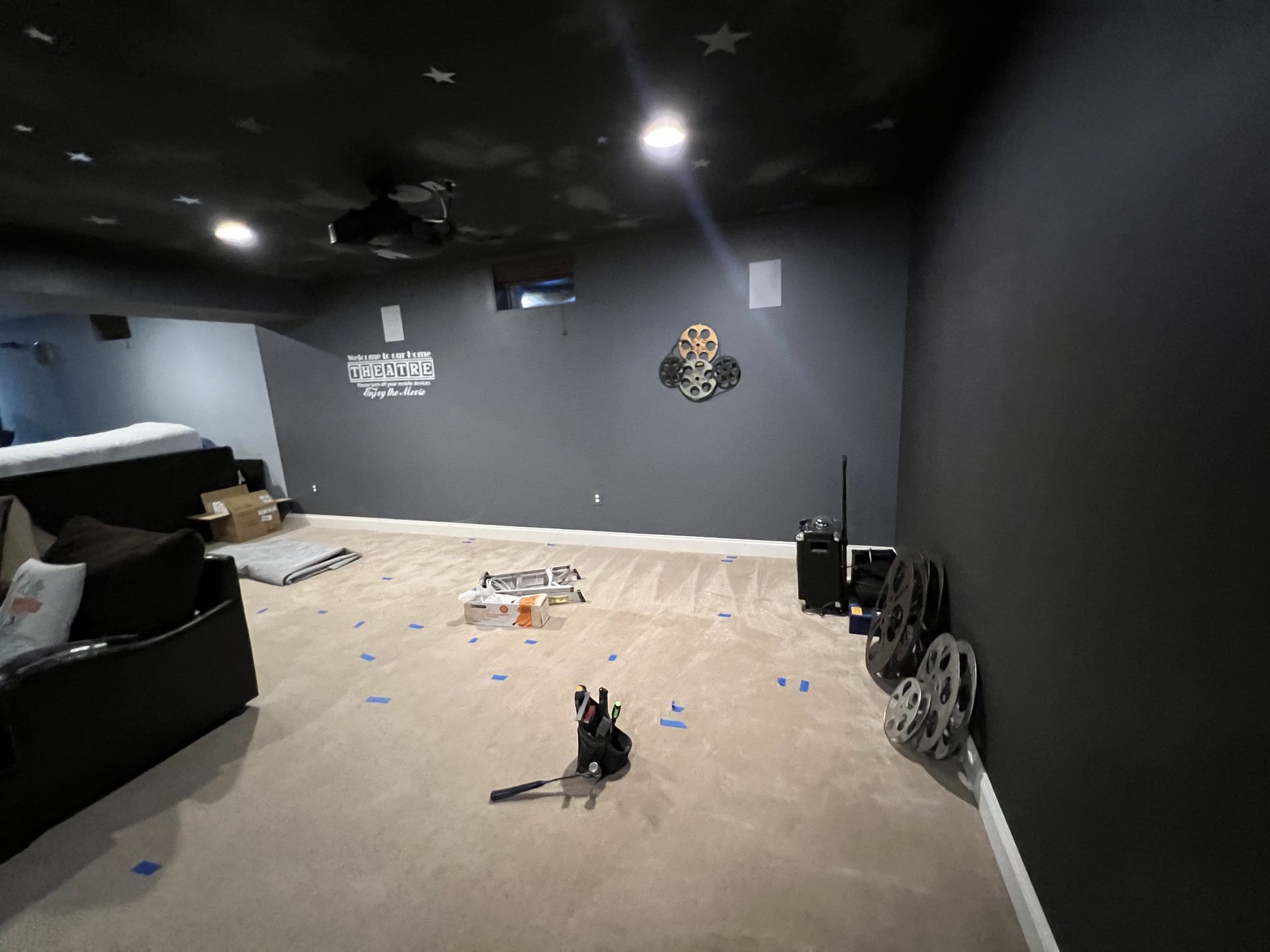 A dog is standing in a basement with a projector on the ceiling.