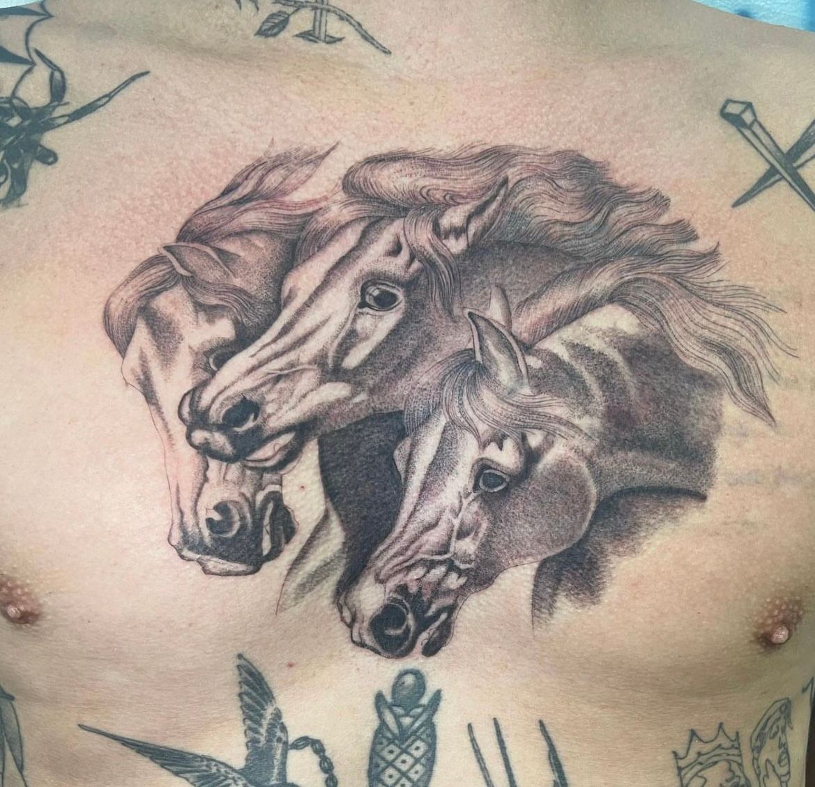 A man has a tattoo of two horses on his chest