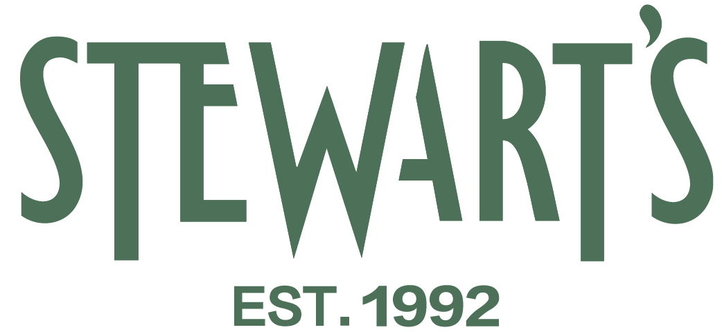 Stewart's logo in green text: "STEWART'S" above "EST. 1992" on a white background.
