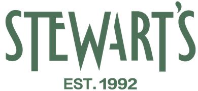 Stewart's logo in green text: "STEWART'S" above "EST. 1992" on a white background.
