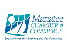 Manatee Chamber of Commerce logo with blue and white sailboat graphic and text,