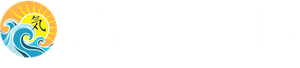 Logo with sun, waves, and Asian writing.
