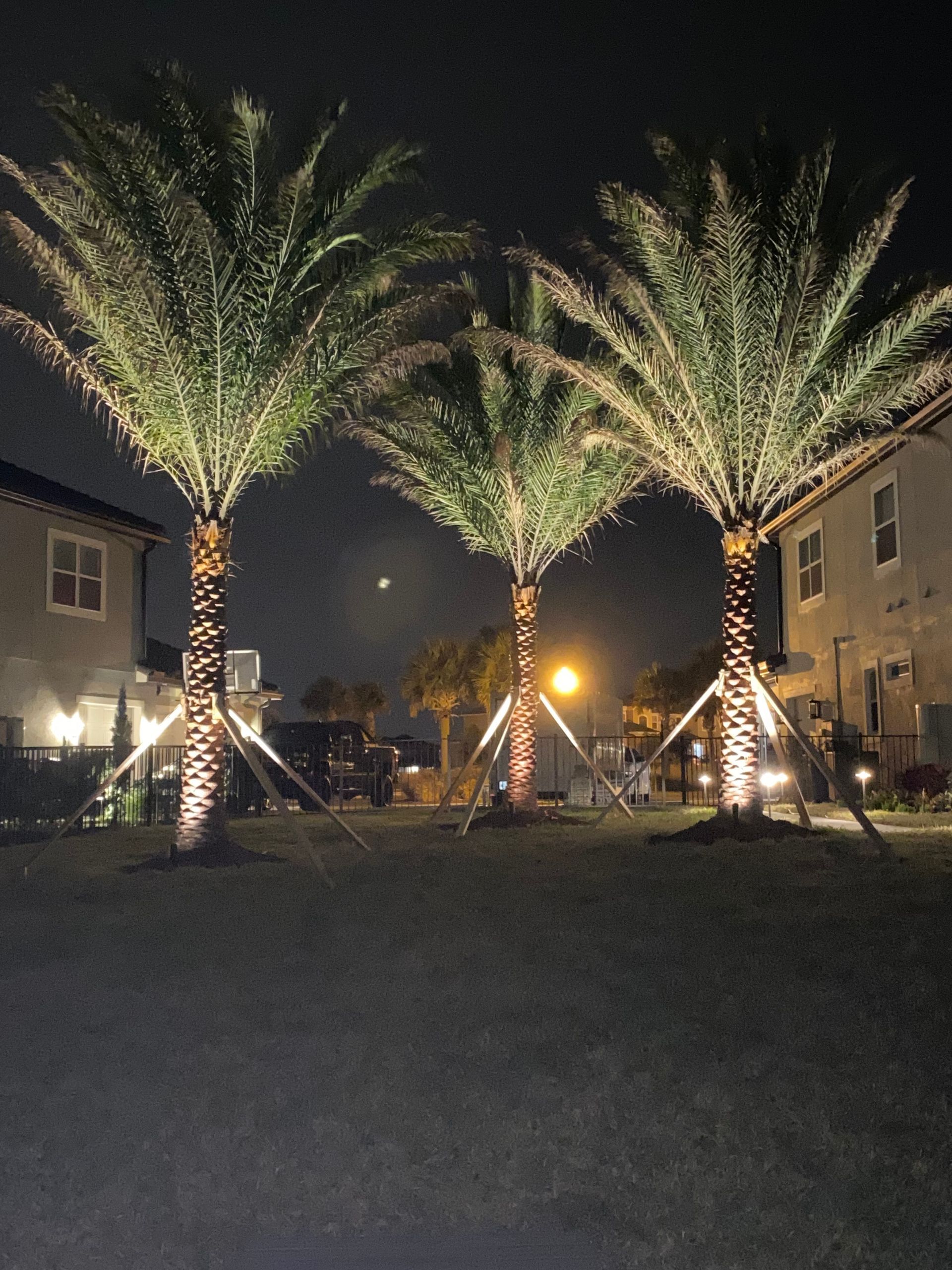 Outdoor patio at night, illuminated by recessed and post lights. Lawn borders the paving.