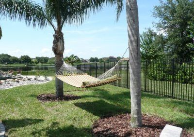Hammock strung between palm trees in a yard, overlooking a lake with a black fence.