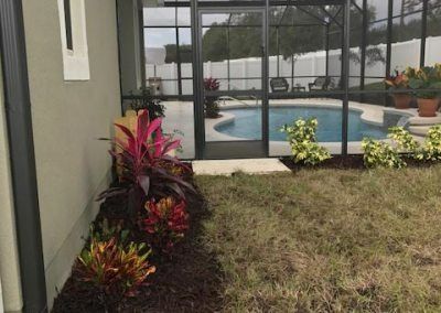 Landscaped yard with a pool in the background. Colorful plants border the house next to the grass.