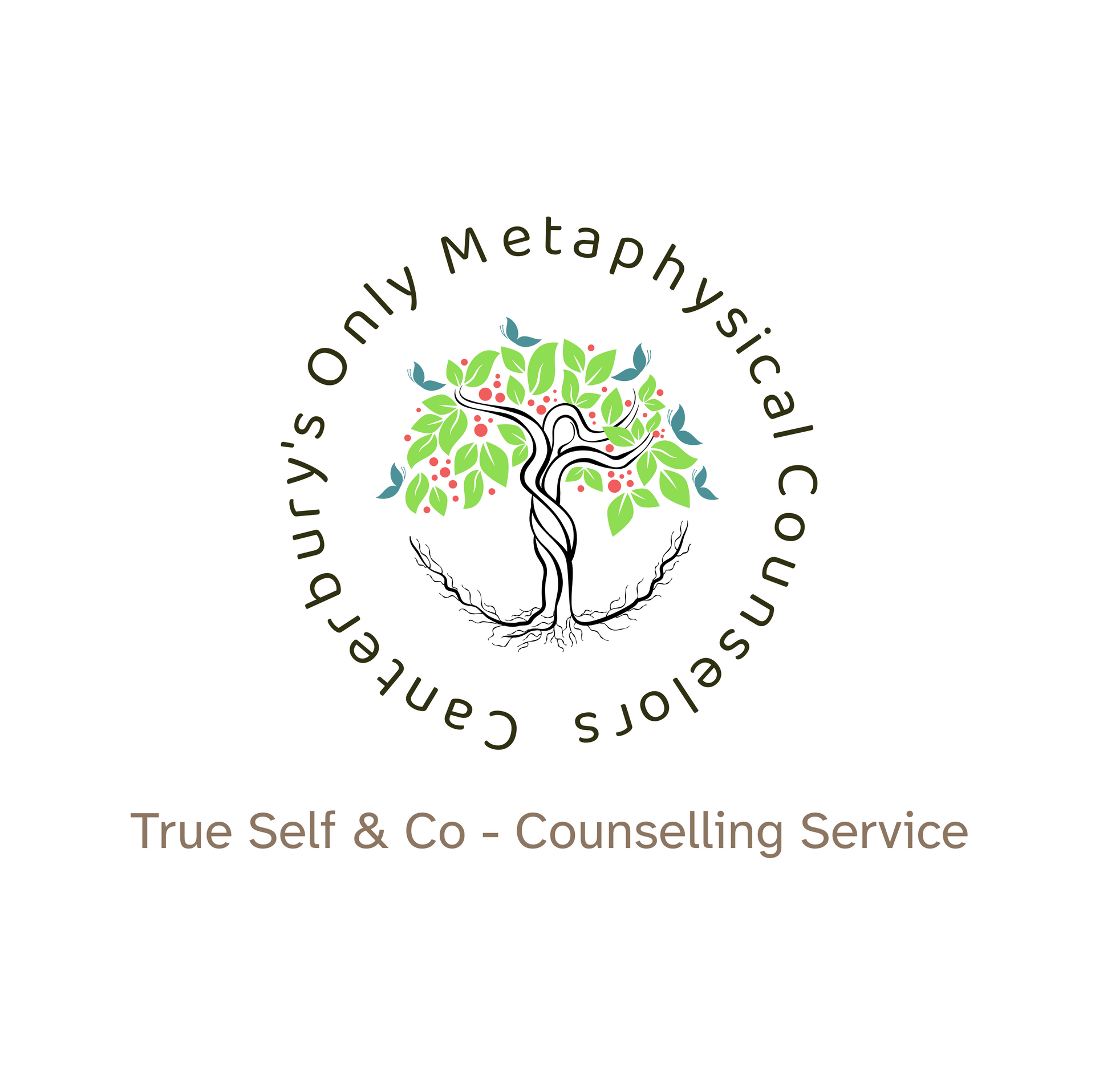 Logo for Canterbury's Only Metaphysical Counselors. Circular design with a tree and text.