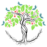 Tree with green leaves, red berries, and teal butterflies, enclosed by roots.