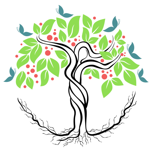 Tree with green leaves, red berries, and teal butterflies, enclosed by roots.