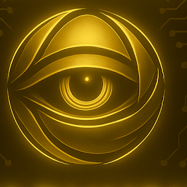 Golden stylized eye within a circle, glowing against a dark background with circuit lines.