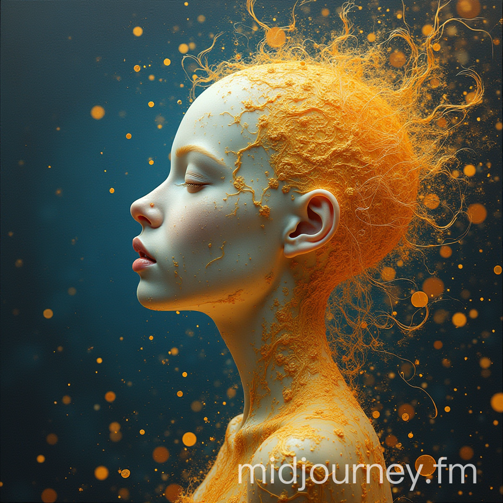 Profile of a pale woman dusted with orange particles against a dark blue backdrop.