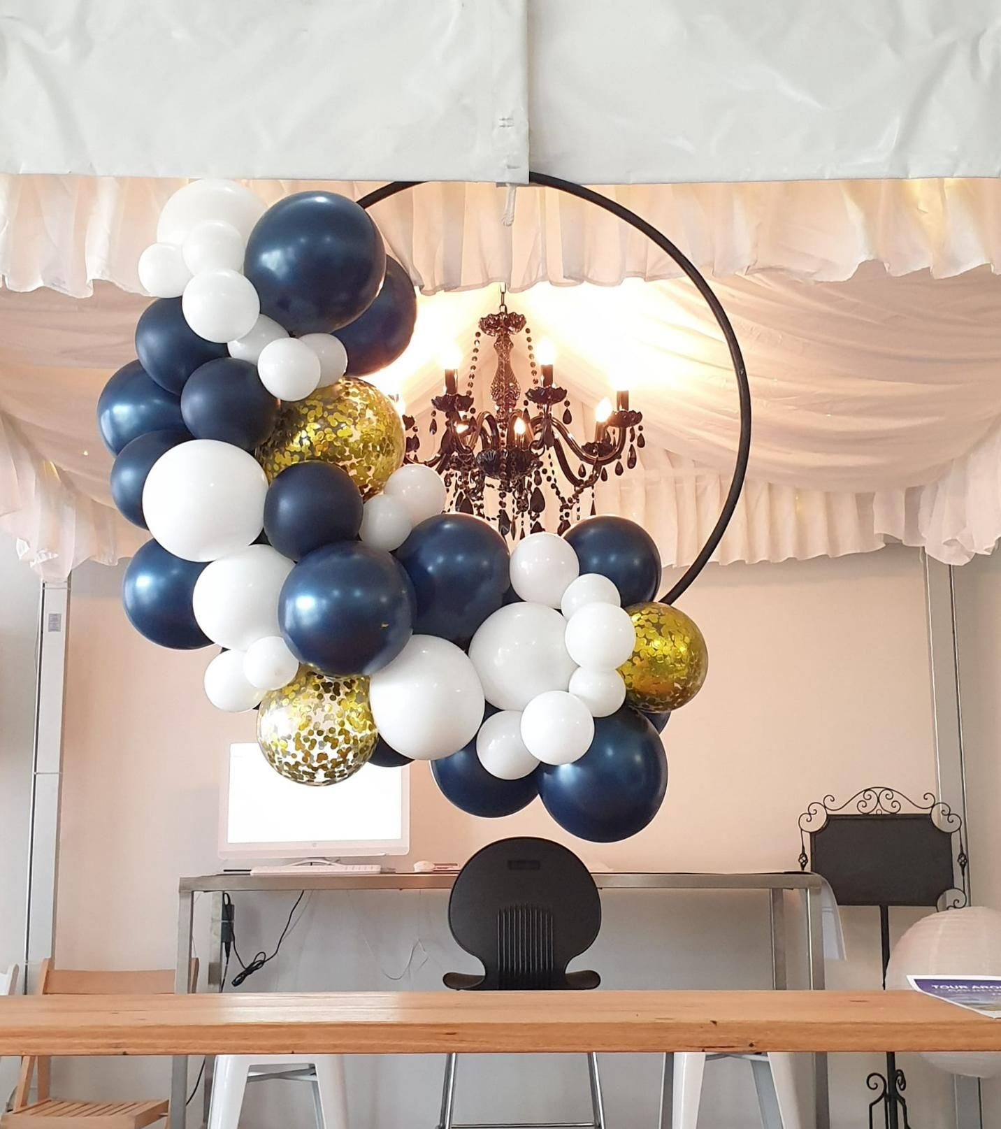 A Bunch of Blue White and Gold Balloons Hanging From the Ceiling — Event Hire in Wodonga, NSW