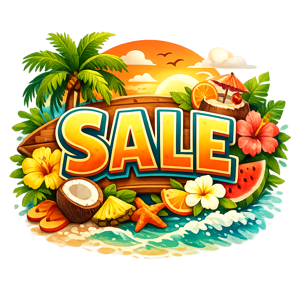 Colorful tropical sale banner with bold “SALE” text, flowers, palm trees, fruit, and a beach sunset