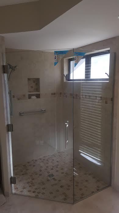 135° SHOWER BRUSHED NICKEL IN CHANNEL 031317 — Glass and Mirror in Tarpon Springs, FL