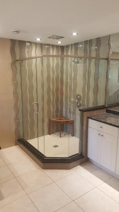 NEO ANGLED FRAMELESS WITH HEADER BRUSHED NICKEL 051017 — Glass and Mirror in Tarpon Springs, FL
