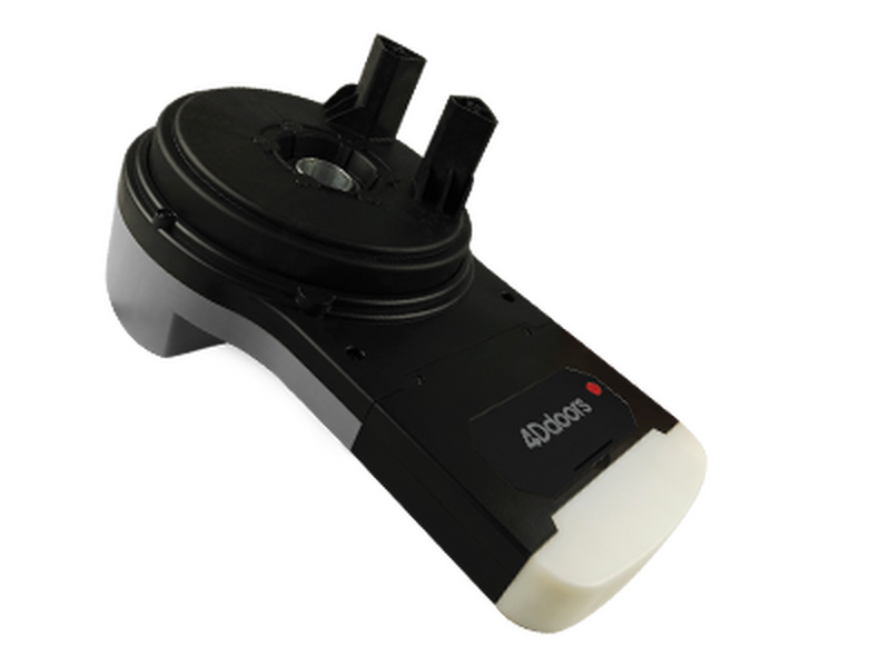 Black and gray garage door opener with white end, brand name 