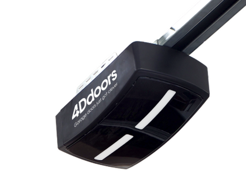 Black 4Ddoors garage door opener with white lights and rail against a white background.