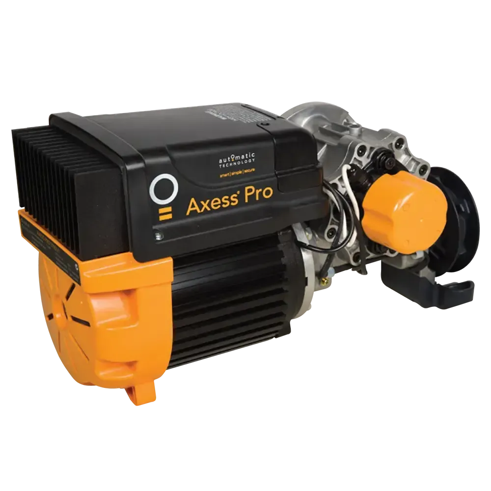 Black and orange Axess Pro automatic gate operator, with a ribbed top and cylindrical motor.