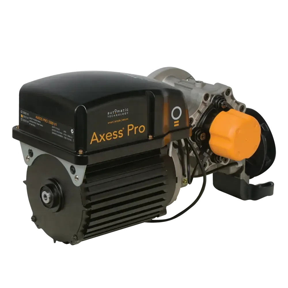 LiftMaster Axess Pro garage door opener in black and silver. Orange release knob.