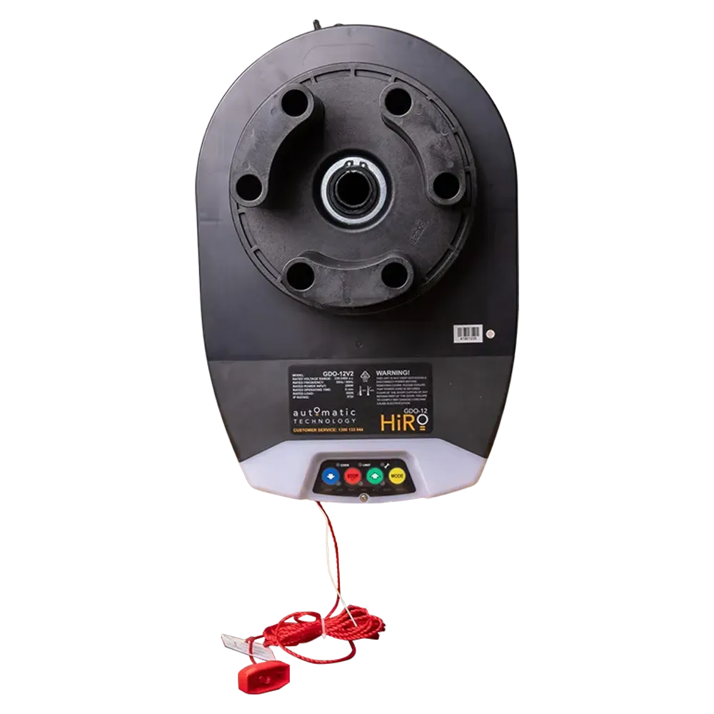 Black garage door opener with control buttons and pull cord.