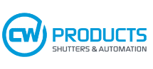 The logo for cw products shutters and automation is blue and white.