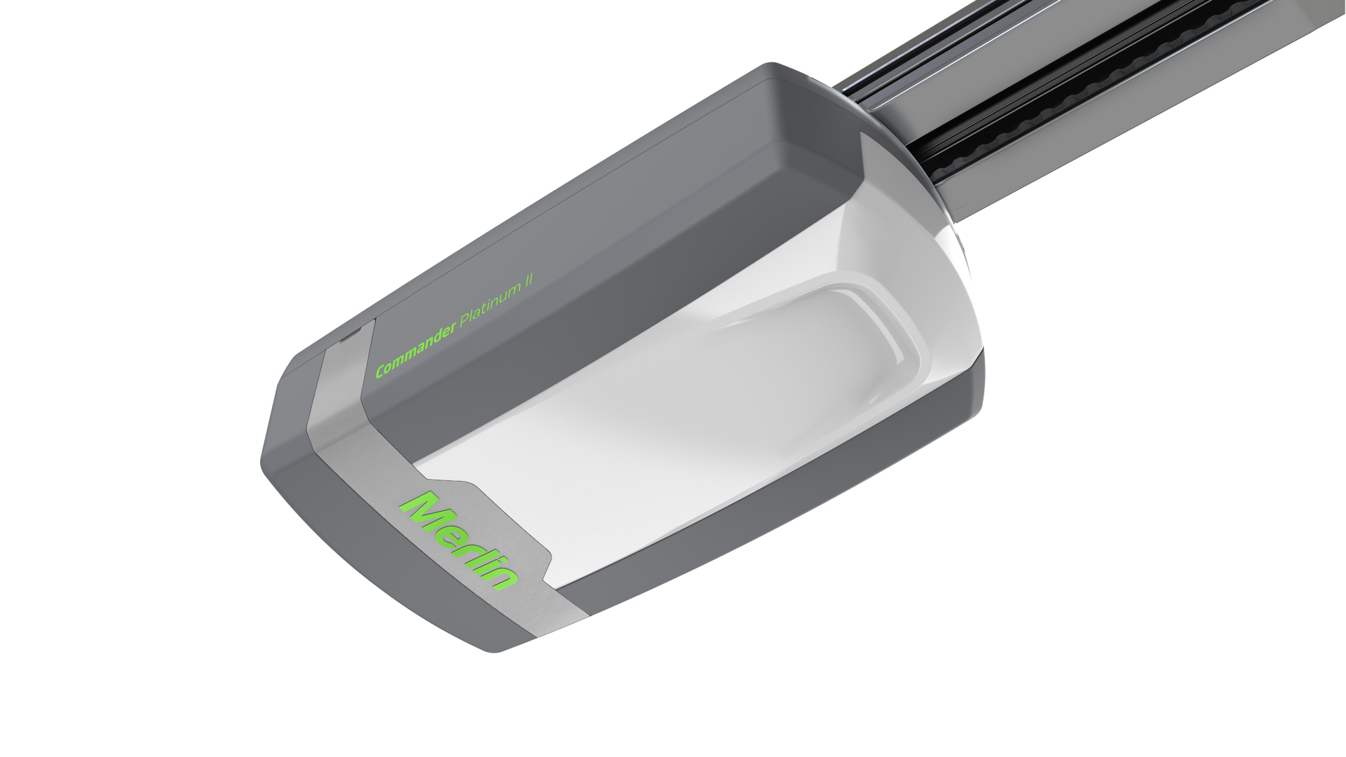 Gray and white Merlin garage door opener with green label.