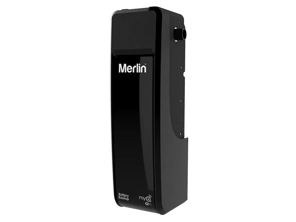 Gray and white Merlin garage door opener with green label.