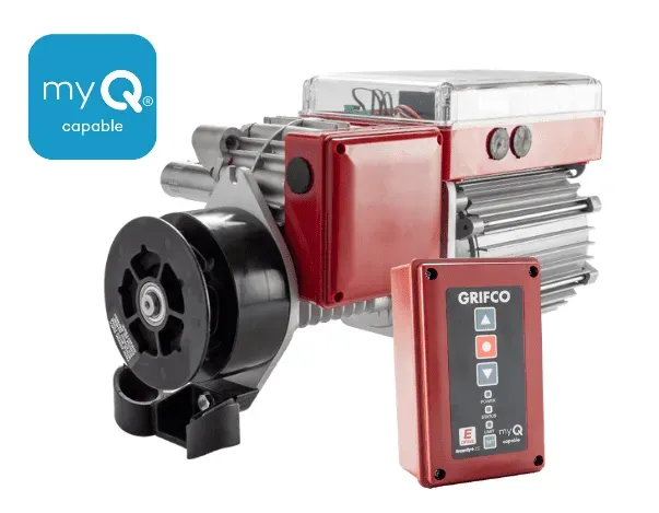 Red Grifco garage door opener with control panel, MyQ capable, on a white background.